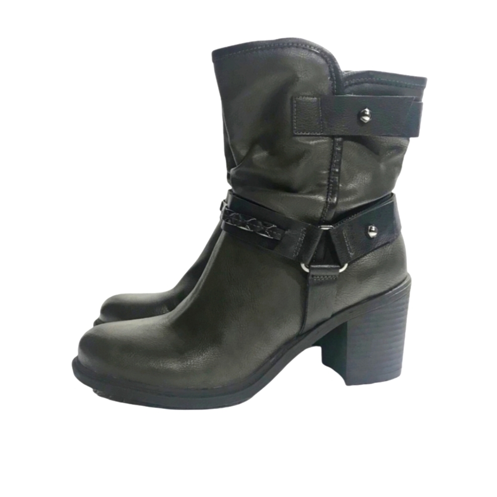 RELATIVITY HENRICK FAUX VEGAN LEATHER BOOTS MEDIUM DARK GRAY WITH METAL DETAIL